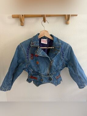 FADE OUT girls boho 80s Reworked embroidered Denim moto Jacket Cropped size 6-7